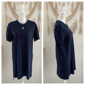 Adidas navy blue tee shirt dress white embroidered trefoil athletic sporty small